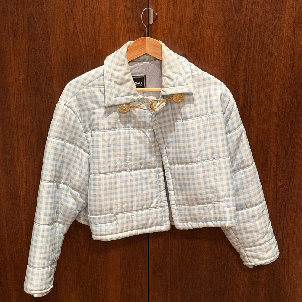 Versace Jeans Couture Blue and White Gingham Cropped Jacket